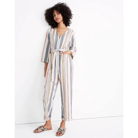 MADEWELL V-Neck Tie-Waist Jumpsuit Cotton Summer Beachy Size 2 Coastal Striped - Picture 1 of 11